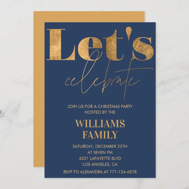 Navy Gold Christmas Party  Let's celebrate Invitation (Front/Back)