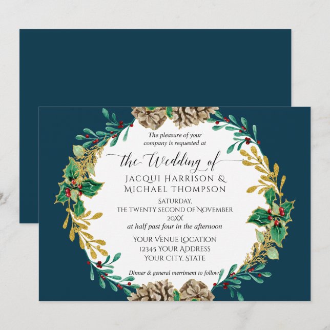 Navy Gold Christmas Pine Cone Greenery Wedding Invitation (Front/Back)