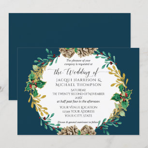 Navy Gold Christmas Pine Cone Greenery Wedding Invitation