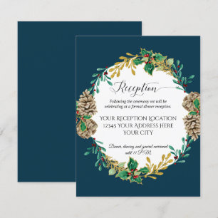 Navy Gold Christmas Pine Cones Wedding Reception Invitation