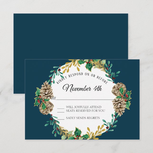 Navy Gold Christmas RSVP Red Holly Leaf Wreath Invitation (Front/Back)