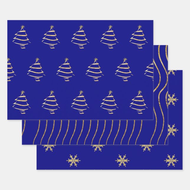 Navy Gold Christmas Tree Snowflake Wavy Lines Wrapping Paper Sheet (Set)