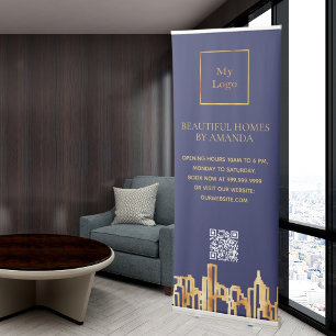 Navy gold city skyline business logo Qr code Retractable Banner