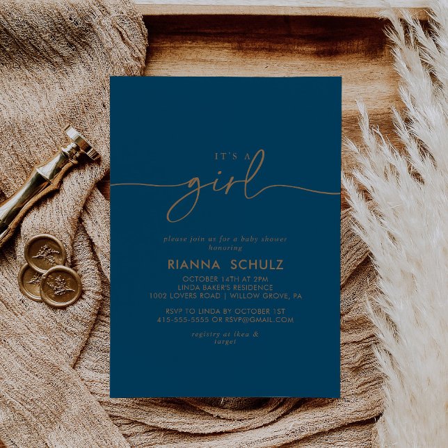 Navy Gold Classic It's A Girl Baby Shower Invitation (Creator Uploaded)