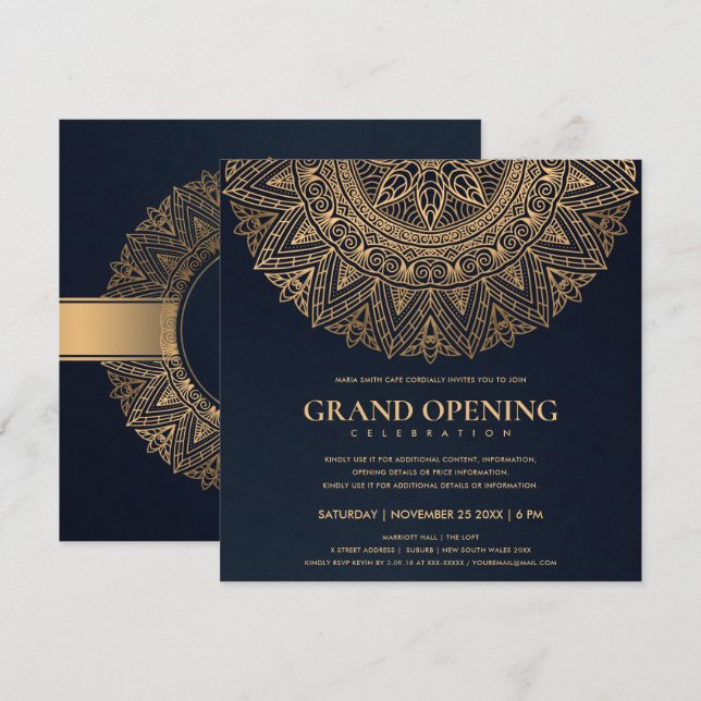 NAVY GOLD CLASSIC ORNATE MANDALA GRAND OPENING INVITATION (Front/Back)