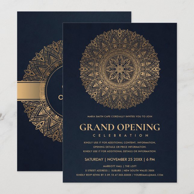 NAVY GOLD CLASSIC ORNATE MANDALA GRAND OPENING INVITATION (Front/Back)