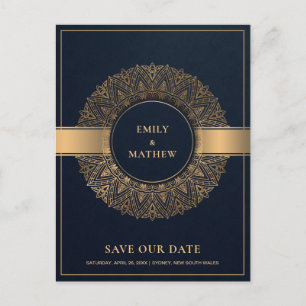 NAVY GOLD CLASSIC ORNATE MANDALA SAVE THE DATE ANNOUNCEMENT POSTCARD