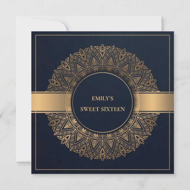 NAVY GOLD CLASSIC ORNATE MANDALA SWEET 16 BIRTHDAY INVITATION (Back)