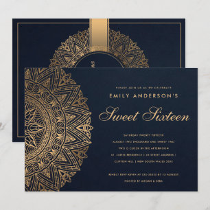 NAVY GOLD CLASSIC ORNATE MANDALA SWEET 16 BIRTHDAY INVITATION