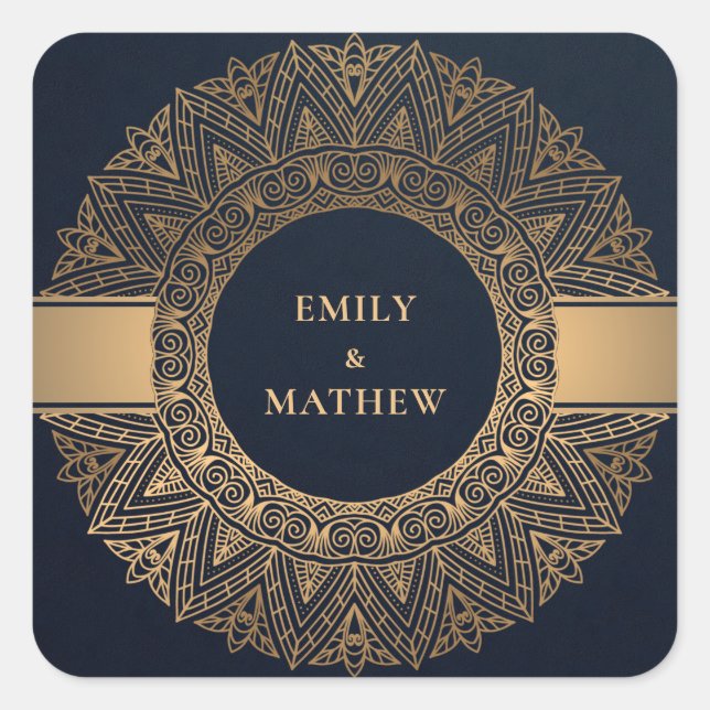 NAVY GOLD CLASSIC ORNATE MANDALA WEDDING SQUARE STICKER (Front)