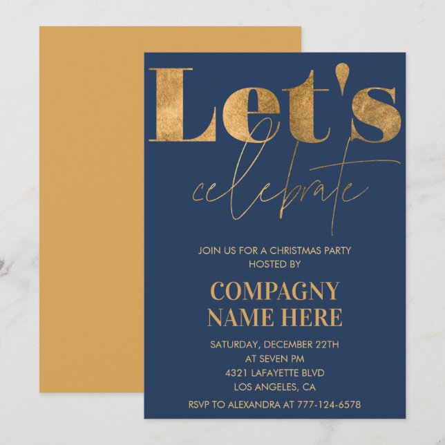Navy Gold Company Christmas Party  Let's celebrate Invitation (Front/Back)