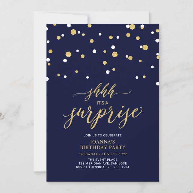 Navy & Gold Confetti Adult Birthday Party Invitation (Front)