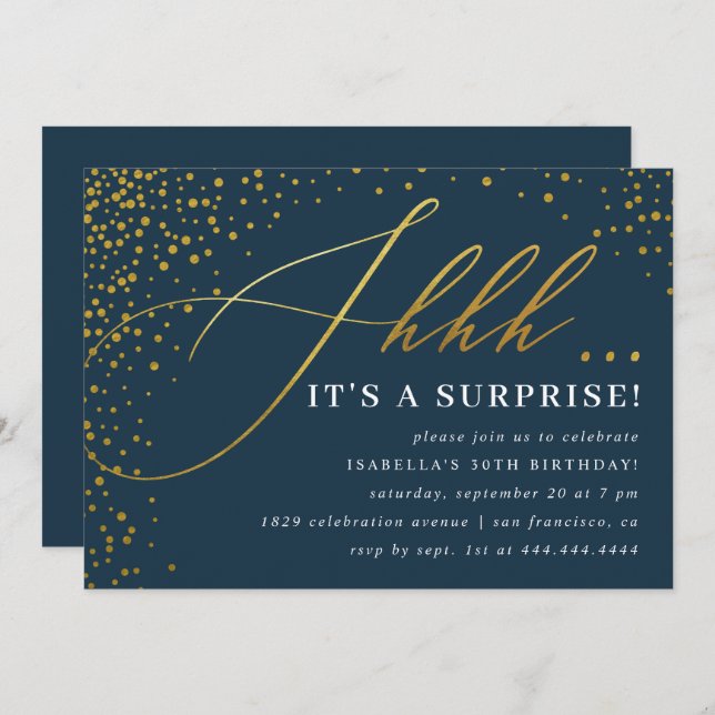 Navy & Gold Confetti Script Surprise Party Invitation (Front/Back)