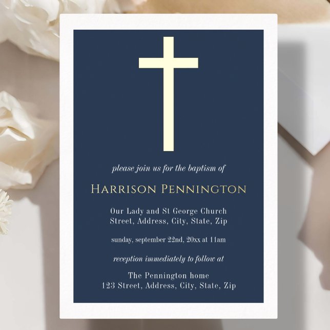 Navy & Gold Cross Baptism Foil Invitation (Creator Uploaded)