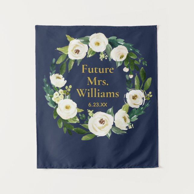 Navy Gold Custom Future Mrs Bridal Shower Backdrop Tapestry (Front)