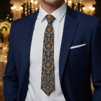 Navy Gold Damask Floral Paisley Tie