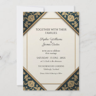 Navy Gold Damask Floral Wedding Invitation