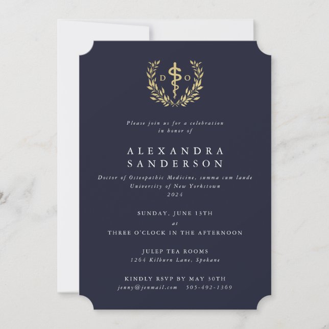 Navy/Gold Doctor of Osteopathic Medicine Grad Invitation (Front)