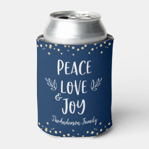 Navy Gold Dots Peace Love Joy Modern Typography Can Cooler