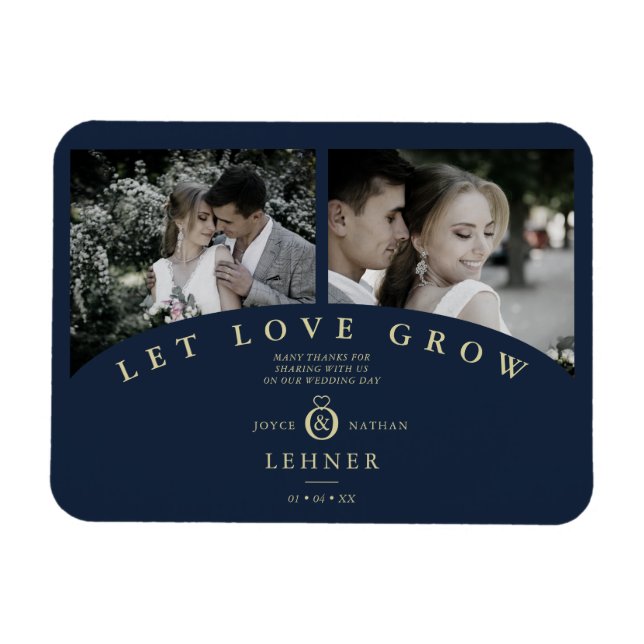 Navy Gold Elegant 2 Photos let Love Grow Wedding Magnet (Horizontal)