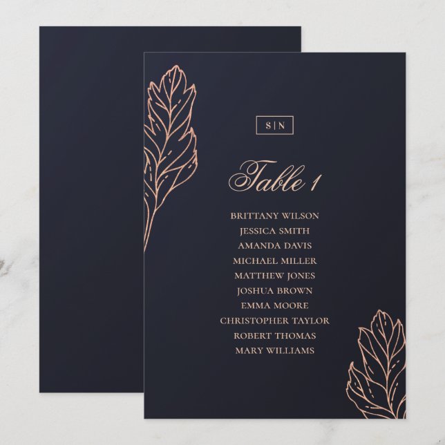 Navy gold elegant botanical wedding seating chart invitation (Front/Back)
