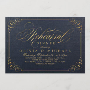 Navy gold elegant calligraphy rehearsal dinner invitation