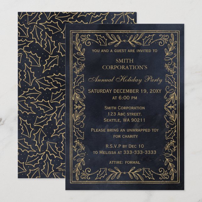 Navy Gold Elegant Corporate Holiday Party  Invitation (Front/Back)