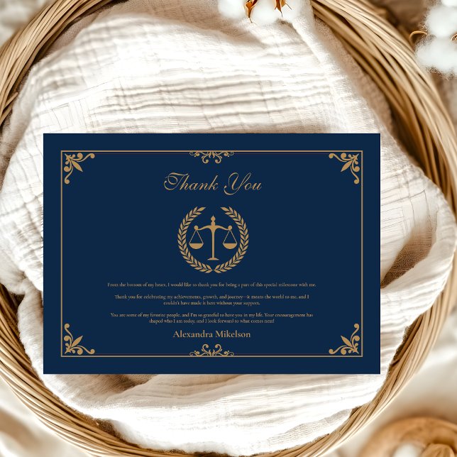 Navy Gold Elegant Law School Graduation Thank You Card (Creator Uploaded)