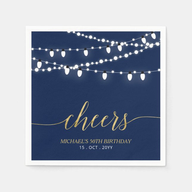 Navy & Gold | Elegant Lights Adult Birthday Party Napkin (Front)