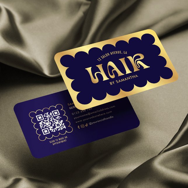 Navy & Gold Elegant Modern QR Code Hair Stylist Business Card (Creator Uploaded)