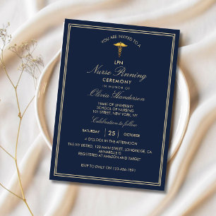 Navy Gold Elegant Nurse Pinning Ceremony  Invitation