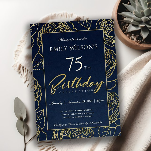 NAVY GOLD ELEGANT ROSE FLORAL ANY AGE BIRTHDAY INVITATION (Creator Uploaded)