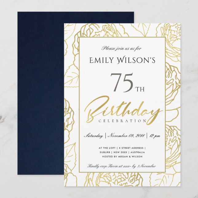 NAVY GOLD ELEGANT ROSE FLORAL ANY AGE BIRTHDAY INVITATION (Front/Back)