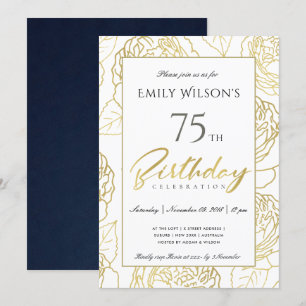 NAVY GOLD ELEGANT ROSE FLORAL ANY AGE BIRTHDAY INVITATION