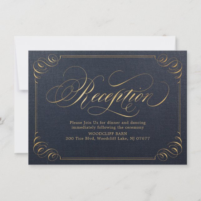 Navy gold elegant vintage calligraphy reception invitation (Front)