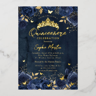 Navy Gold Enchanting Floral Butterfly Quinceanera