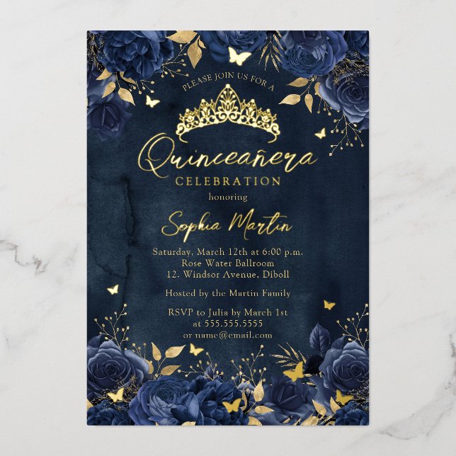 Navy Gold Enchanting Floral Butterfly Quinceanera (Front)