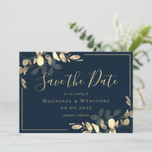 Navy Gold Eucalyptus Save The Date Card