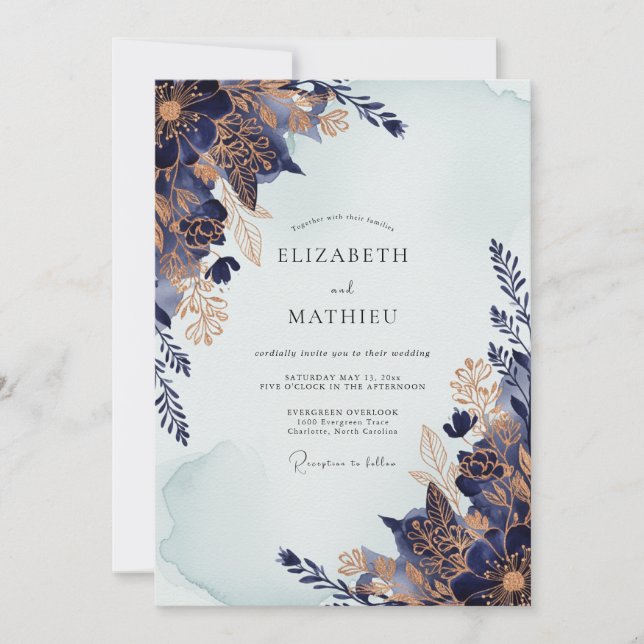 Navy Gold Exquisite Winter Wedding Invitation (Front)