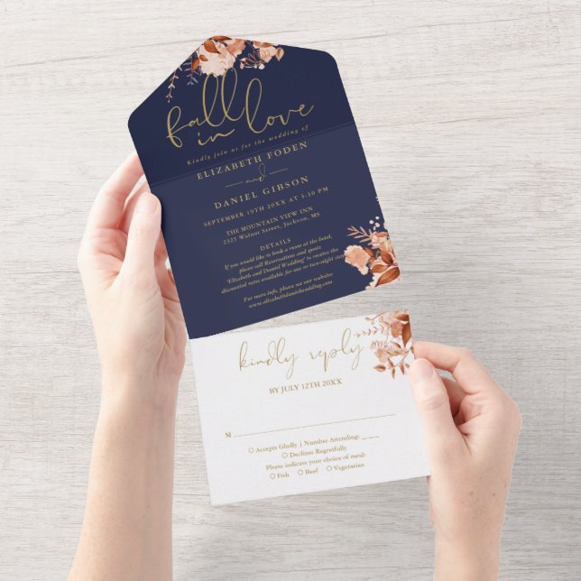 Navy Gold Fall In Love Floral Details RSVP Wedding All In One Invitation (Tearaway)