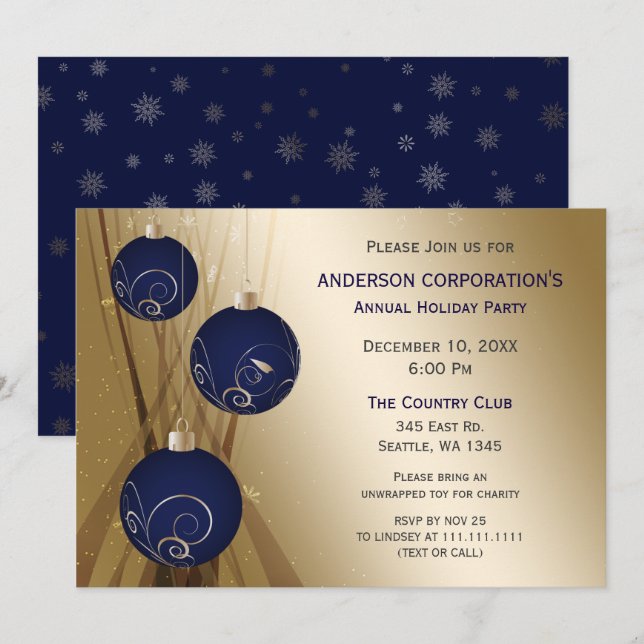 Navy Gold Festive Corporate holiday party Invitation (Front/Back)