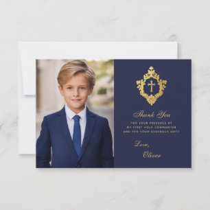 Navy Gold First Communion Elegant Boy Photo Crest Thank You Card