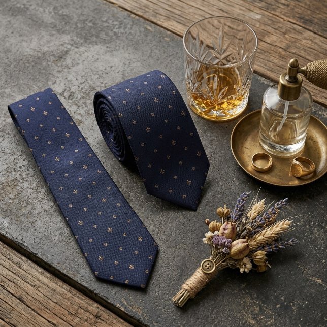Navy Gold Fleur-de-Lis Foulard Tie (Creator Uploaded)