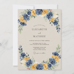 Navy Gold Floral Arch Wedding Invitation
