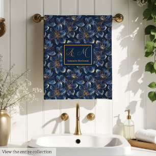 Navy Gold Floral Bath Towels Chic Personalised Set