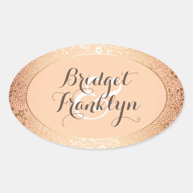 Navy Gold Floral Blush Wedding Oval Sticker (Front)