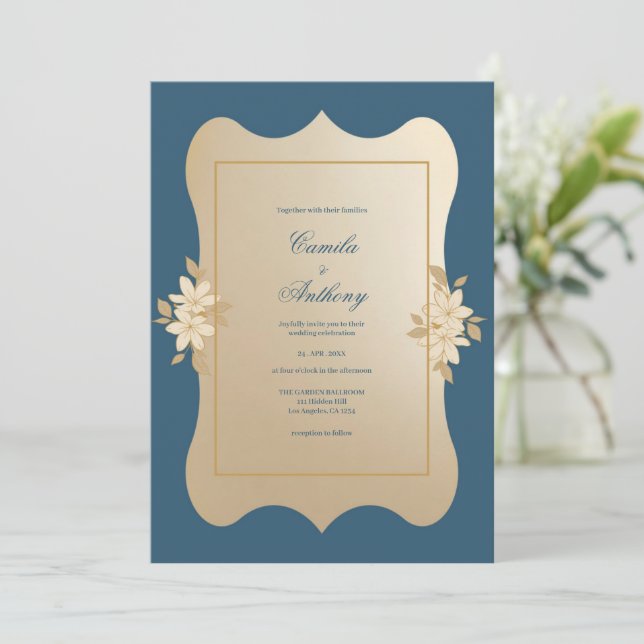  Navy Gold Floral Boho Wedding Invitation (Standing Front)