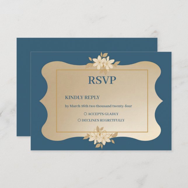 Navy Gold Floral Boho Wedding RSVP Card (Front/Back)