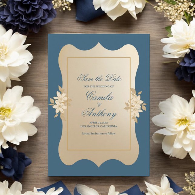 Navy Gold Floral Boho Wedding Save The Date Invitation (Creator Uploaded)