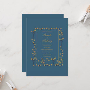 Navy Gold Floral Border Wedding Invitation
